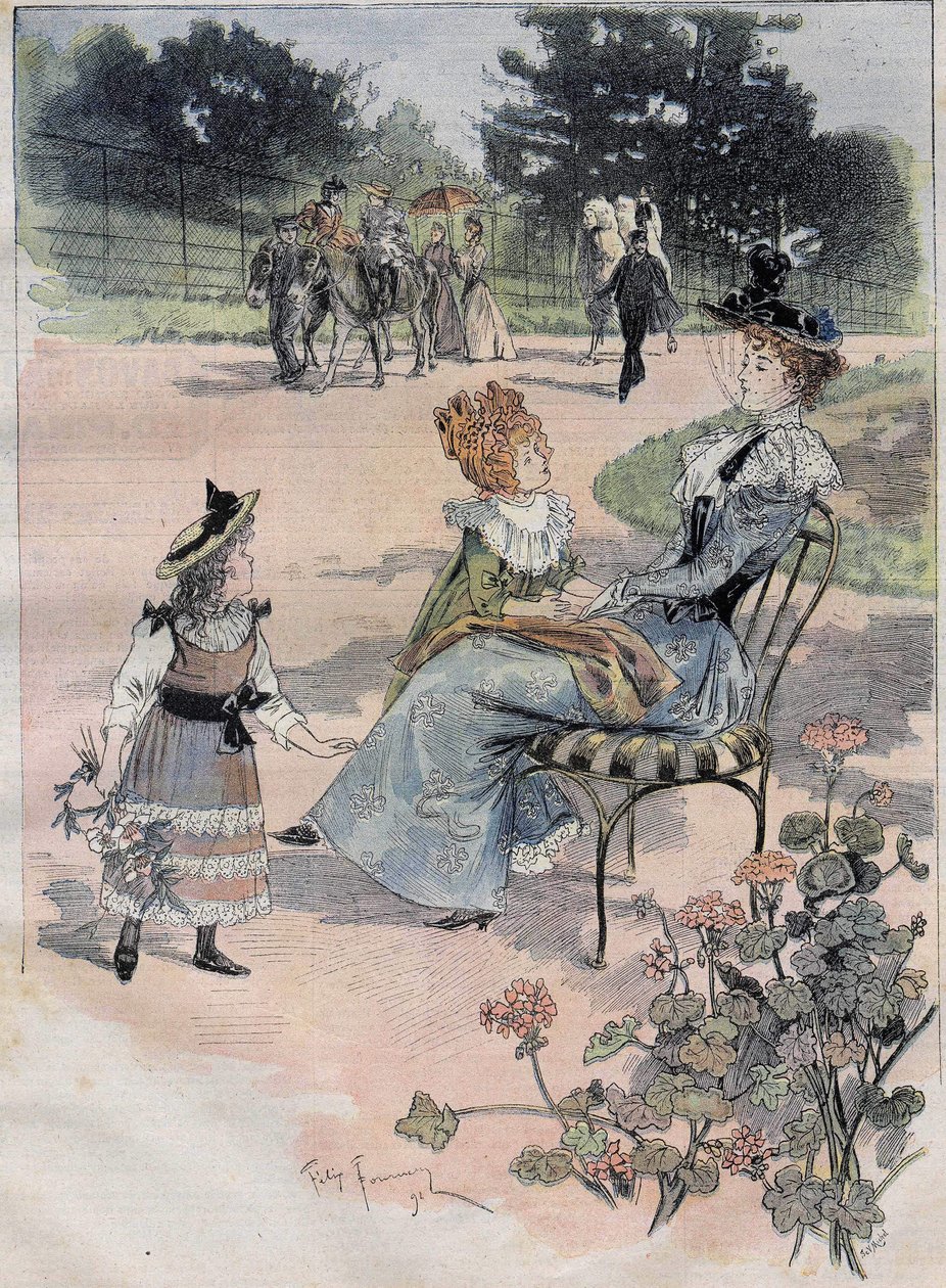 Barnens vandring till acklimatiseringsträdgården i Paris 1892. Gravering av gjuteriakvarellen. av Felix Fournery