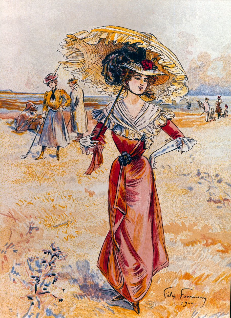 Den eleganta på stranden. Målning av Felix Fournery (1865-1938) av Felix Fournery