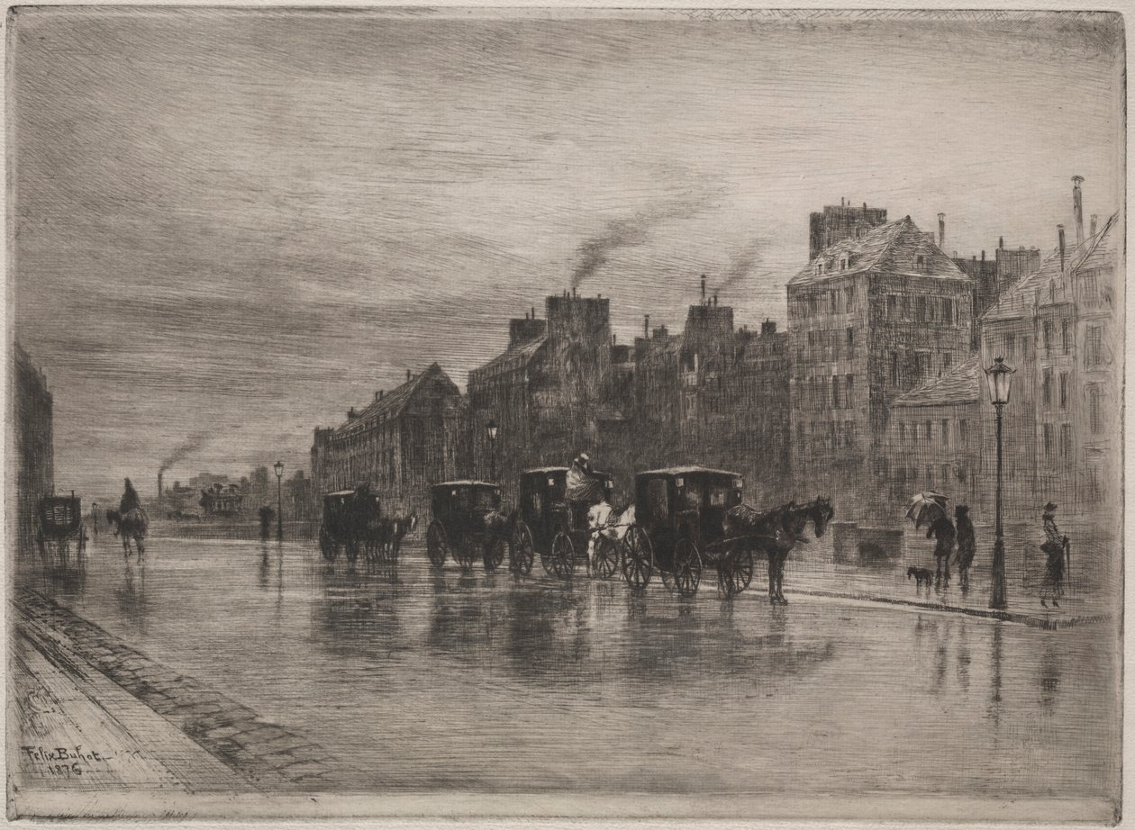 En vintermorgon på Quai de LHotel-Dieu, 1876. av Felix Hilaire Buhot