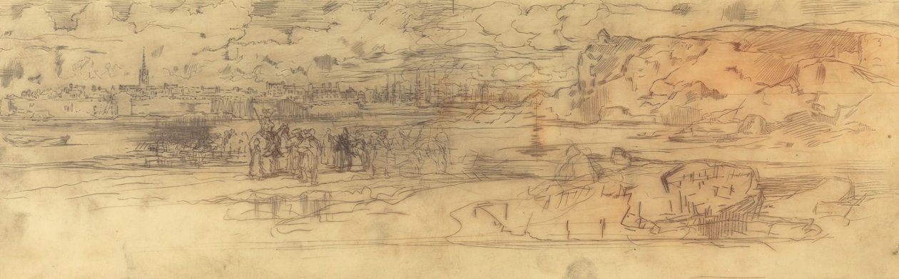 Flodmynning med en befäst hamn till vänster och klippor till höger, ca. 1882. av Felix Hilaire Buhot