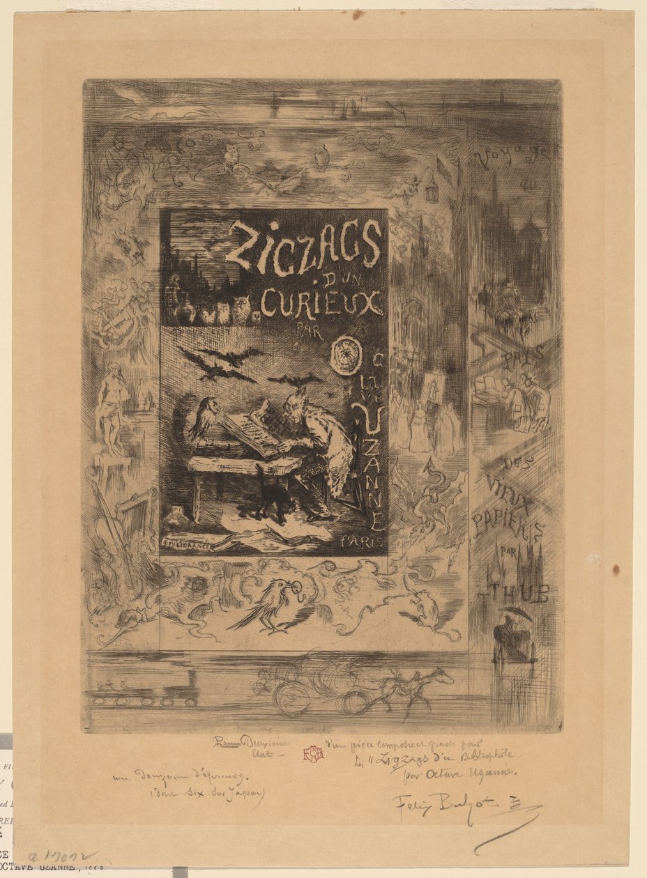 Frontispice för "Zigzags of a Curious, av Octave Uzanne" av Felix Hilaire Buhot