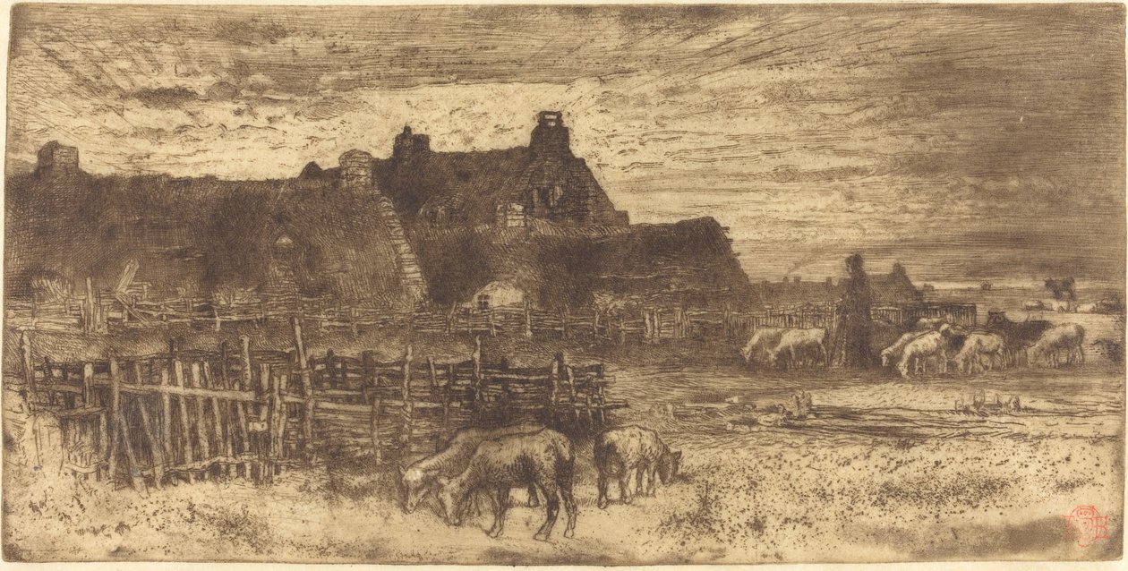 Les Bergeries, Soleil Couchant Pastoral Scen, Solnedgång. av Felix Hilaire Buhot