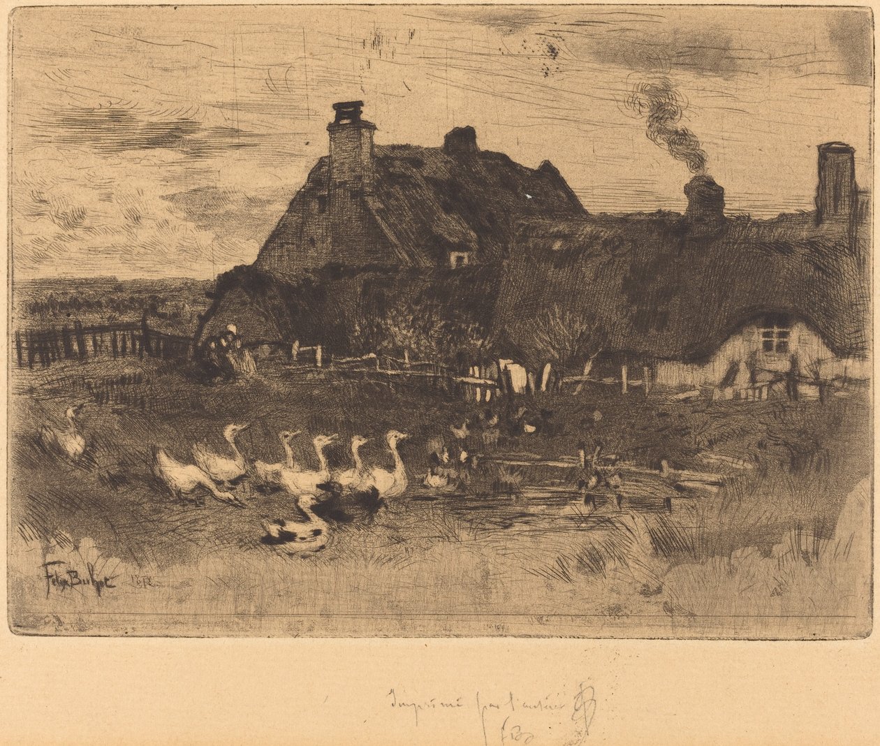Les Petites Chaumières (stugor med halmtak - liten tallrik) av Felix Hilaire Buhot