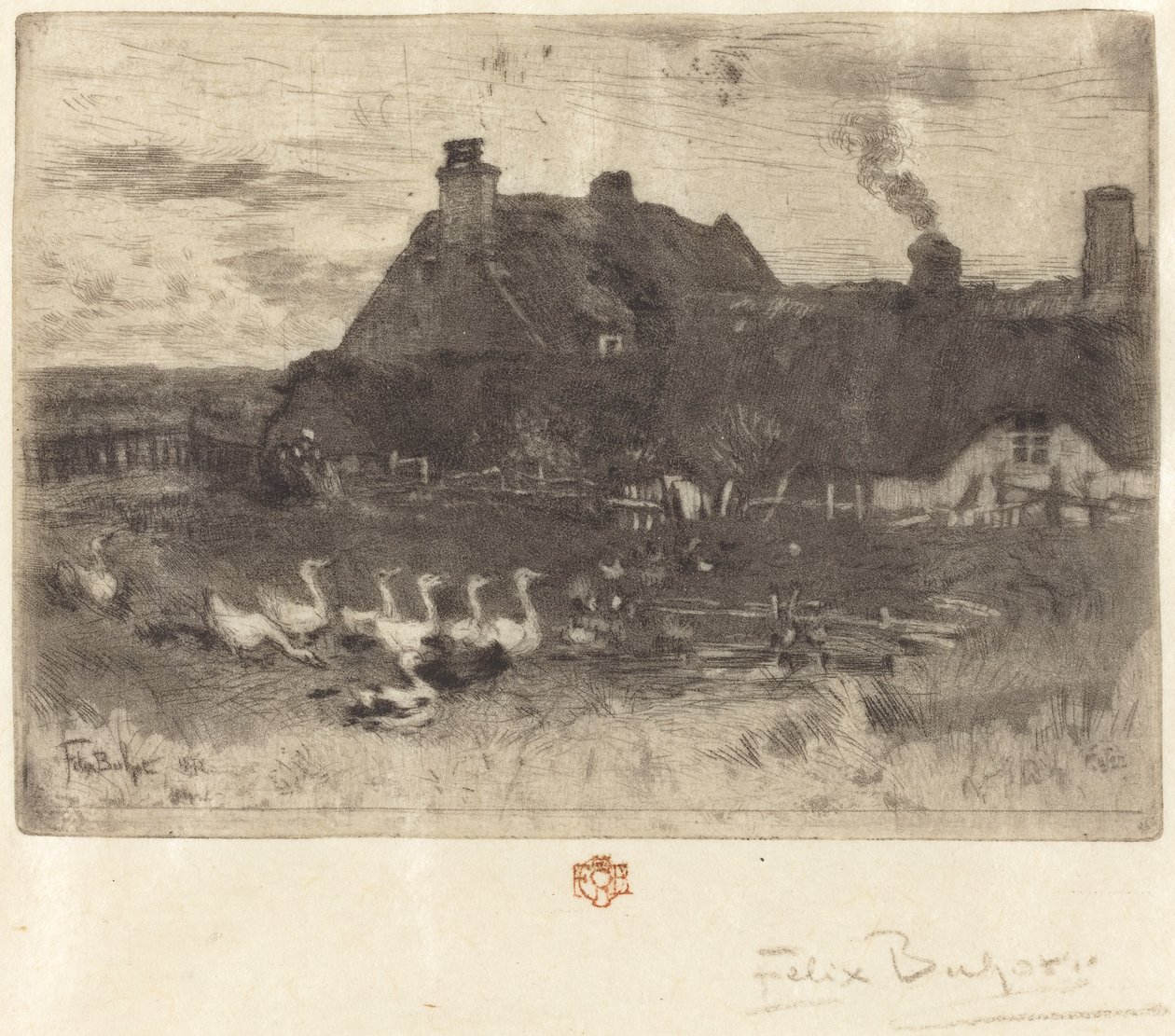 Les Petites Chaumières stugor med halmtak – liten tallrik, 1878. av Felix Hilaire Buhot