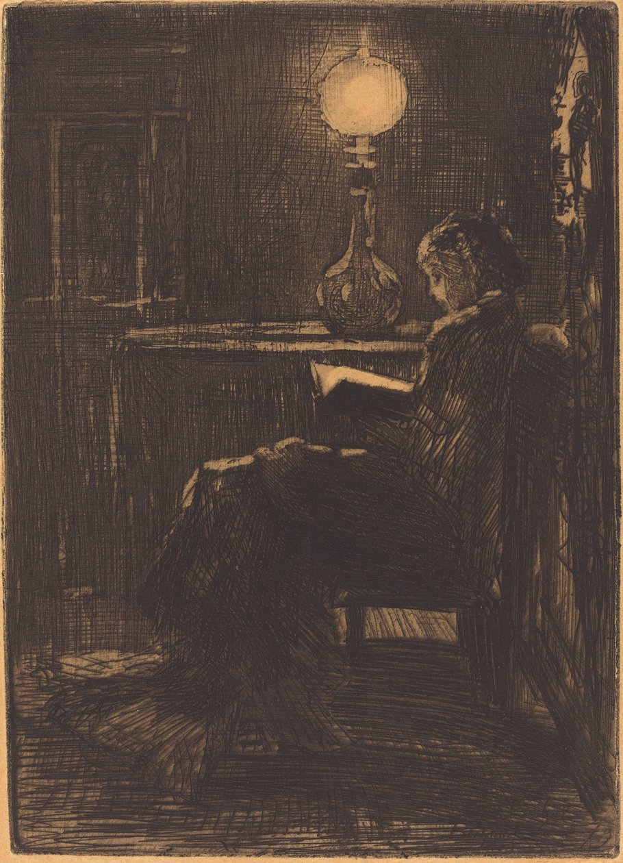 Lampläsare (kvinna som läser med lampljus) av Felix Hilaire Buhot