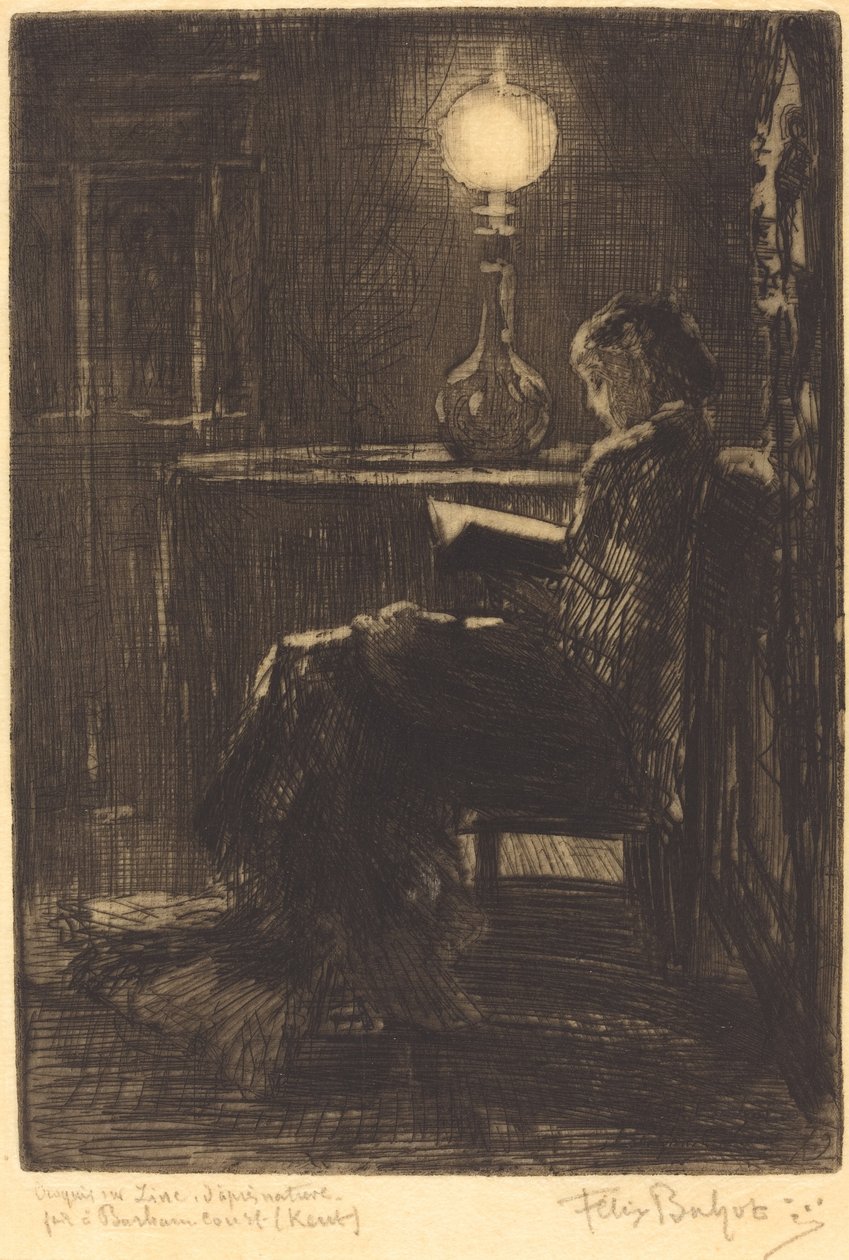 Kvinna som läser med lampljus, 1879. av Felix Hilaire Buhot
