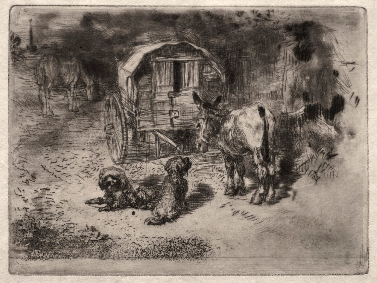 The Guardians of the House, eller Saltimbanques vänner, ca. 1875. av Felix Hilaire Buhot
