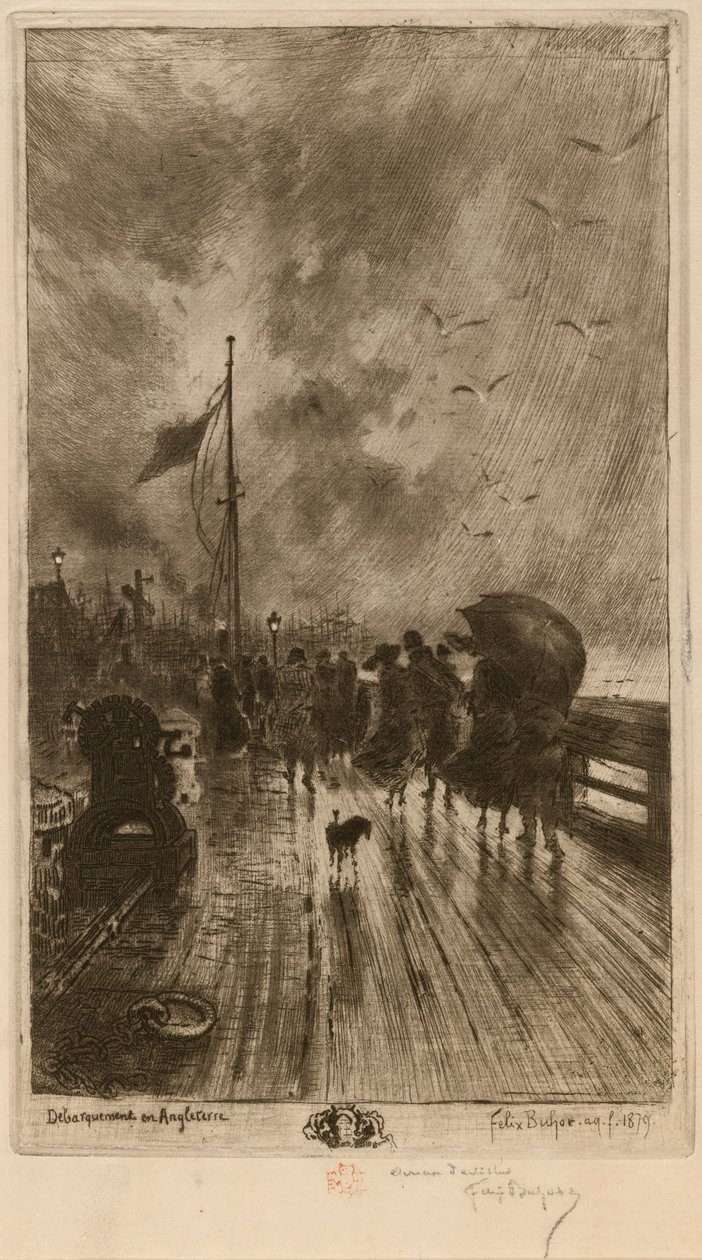En landning i England, Landning i England 1879. av Felix Hilaire Buhot