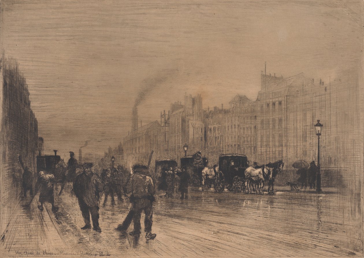 Vintermorgon på kajen, Paris, 1883. av Felix Hilaire Buhot