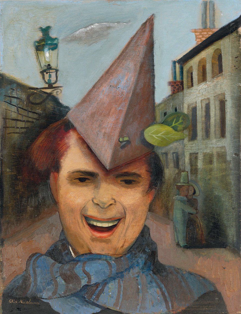 Självporträtt med en pappershatt och blå halsduk, ca 1936 (olja på plywood) av Felix Nussbaum