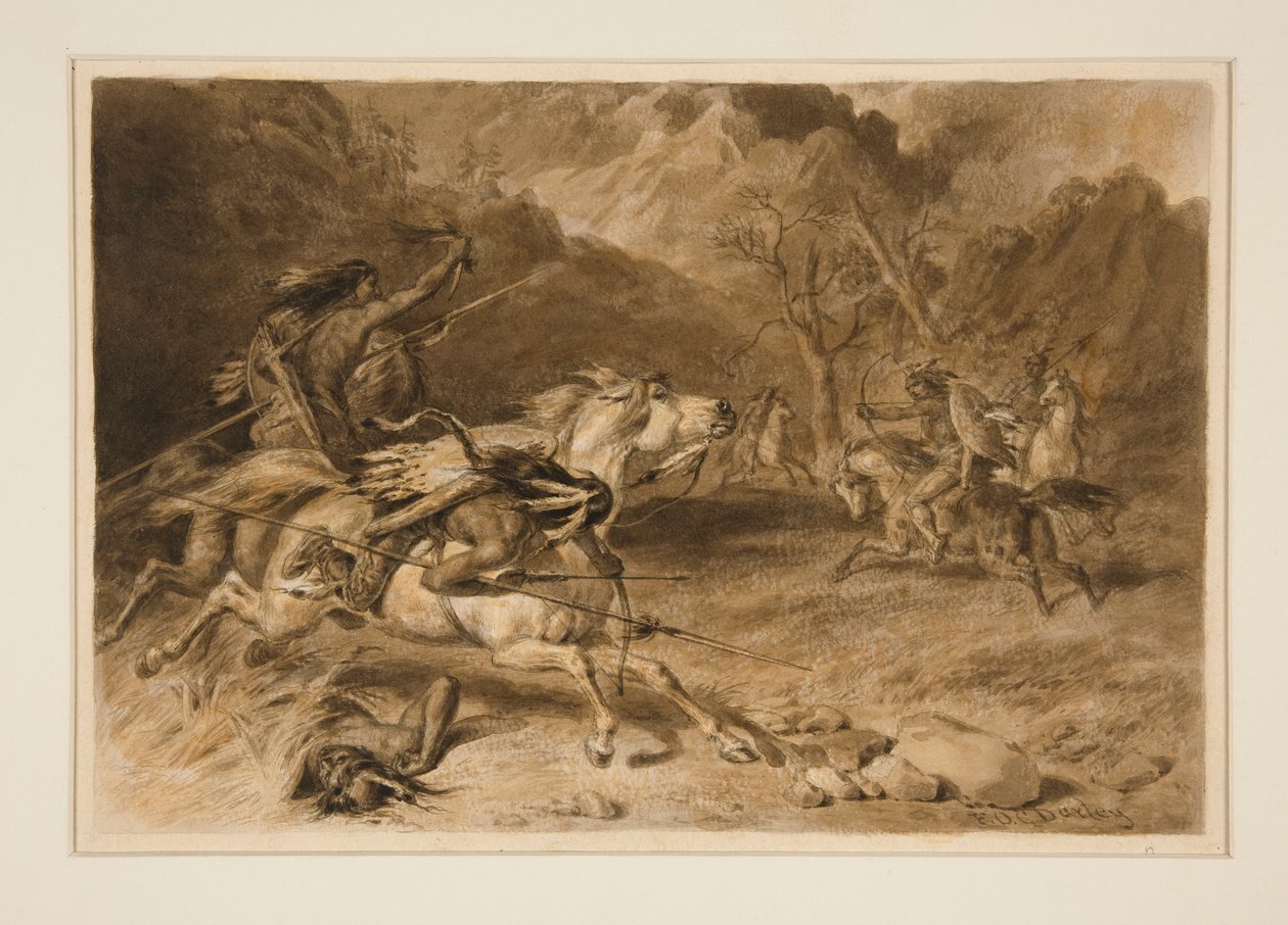 Teckning för The Encounter (Indian Fight on Horseback) av Felix O. C. Darley