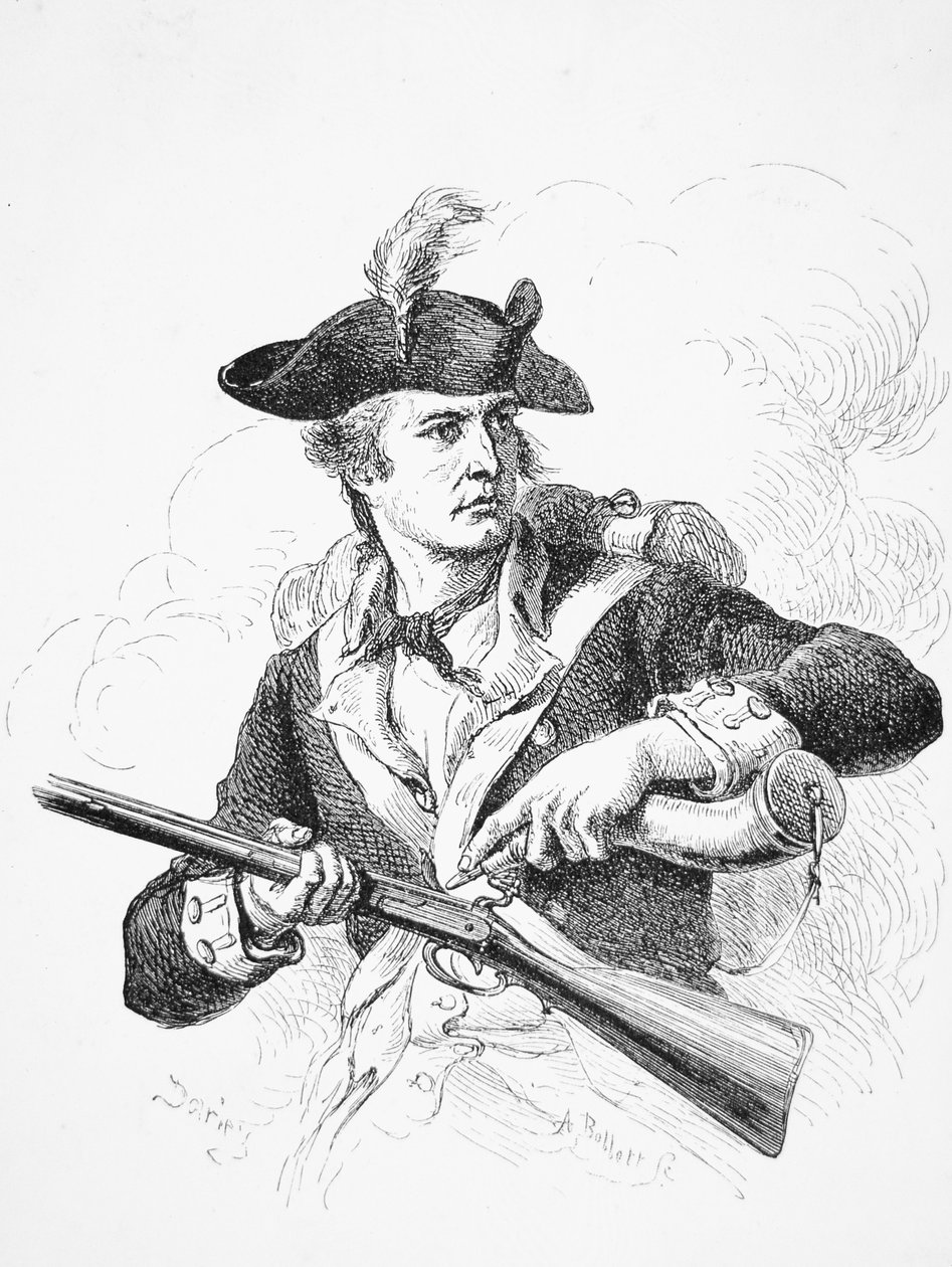 En amerikansk soldat, under frihetskriget, använde sitt kruthorn för att grunda pannan på sin flintlockmusköt, graverad av A. Bollett (gravyr) av Felix Octavius Carr (after) Darley