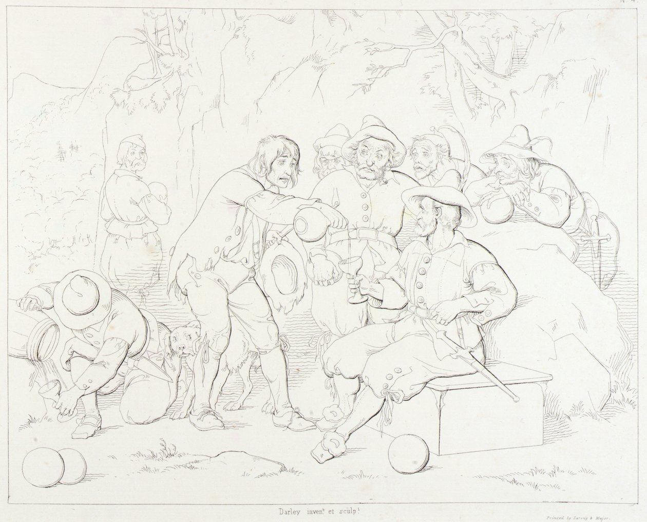 (Rip Van Winkle, illustration) Rip serverar sprit till de konstiga männen i bergen av Felix Octavius Carr Darley