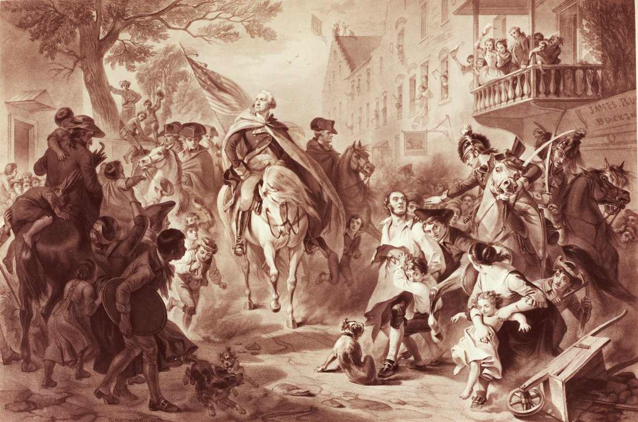 George Washington på väg in i New York 1783, graverad av Alexander Hay Ritchie (1822-1895) (mezzotint) av Felix Octavius Carr Darley