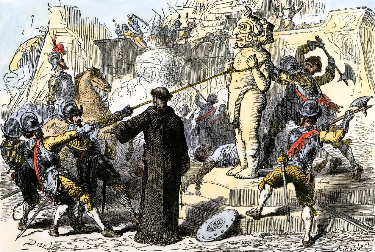 Spanska präster förstör de aztekiska avgudabilderna i Mexiko. 1800-talet (kolorerad gravyr) av Felix Octavius Carr Darley