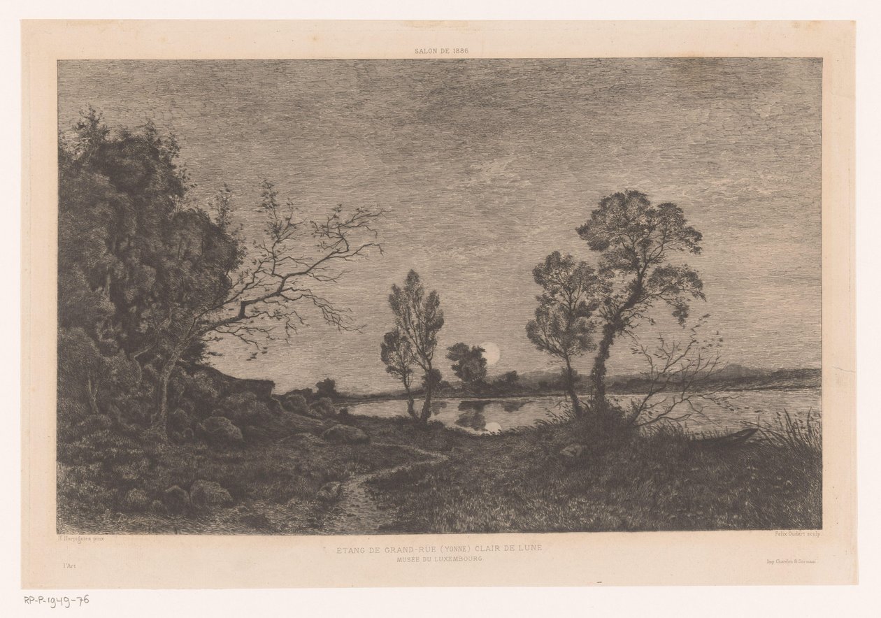 Landskap med sjö vid månsken Étang de Grand-Rue (Yonne) Clair de Lune (titel på objekt) av Felix Oudart