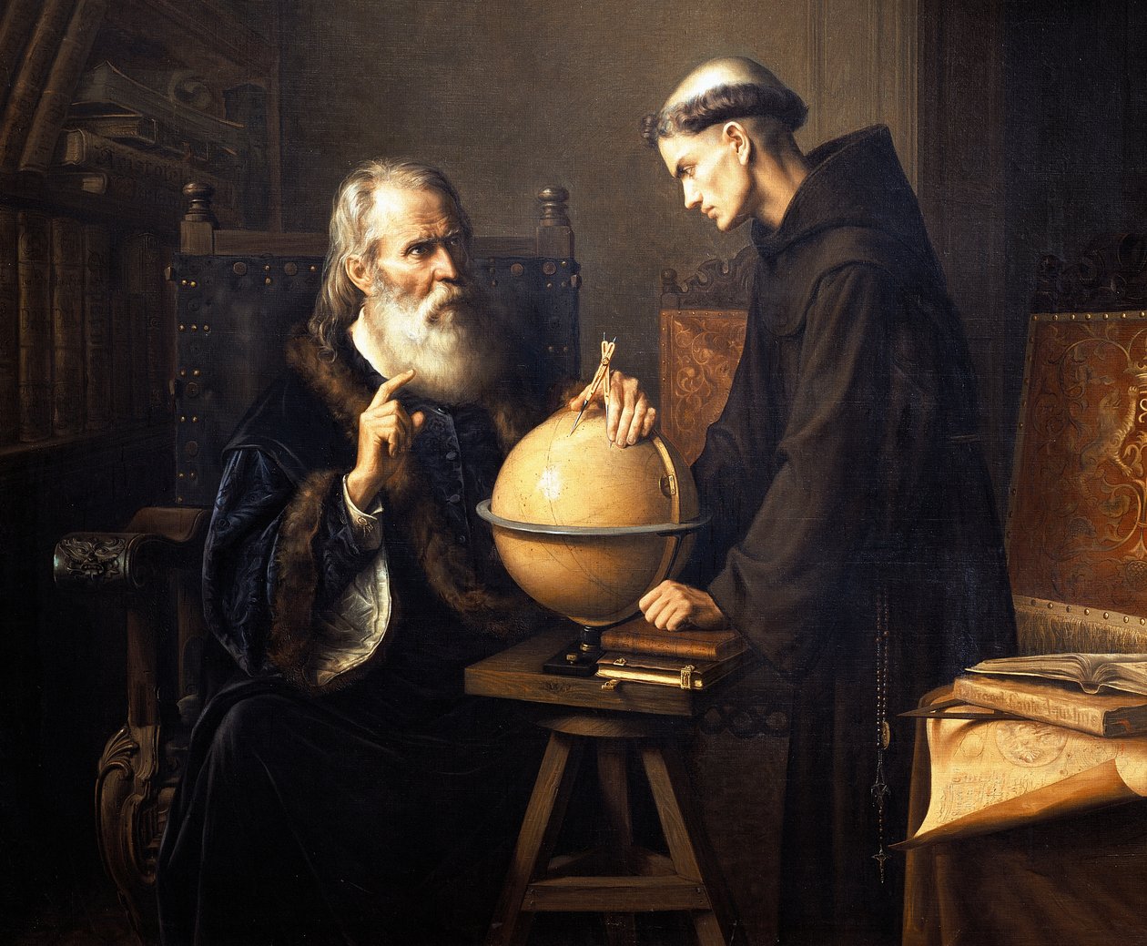 Porträtt av Galileo Galilei (1564-1642) som förklarar sina teorier vid universitetet i Padua. av Félix Parra