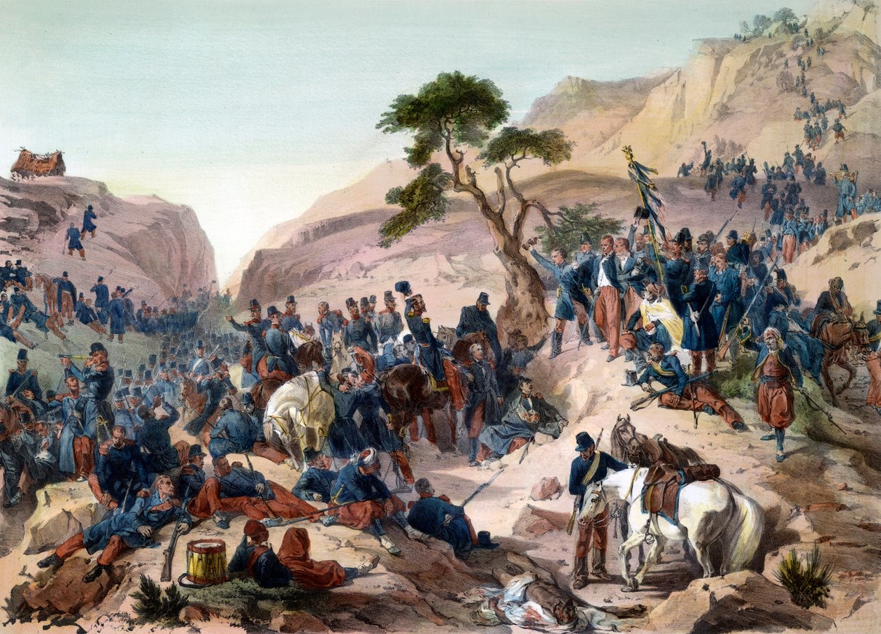 Avsnitt av erövringen av Algeriet 1840 - Slaget vid Mouzaia-passet (1840) - Hertigen av Orleans utövar kommandot i den franska armén - gravyr av Philippoteaux - Den franska armén vinner Teniah of Mouzaia-striden om bergspasset Mouzaia den 1 av Felix Philippoteaux