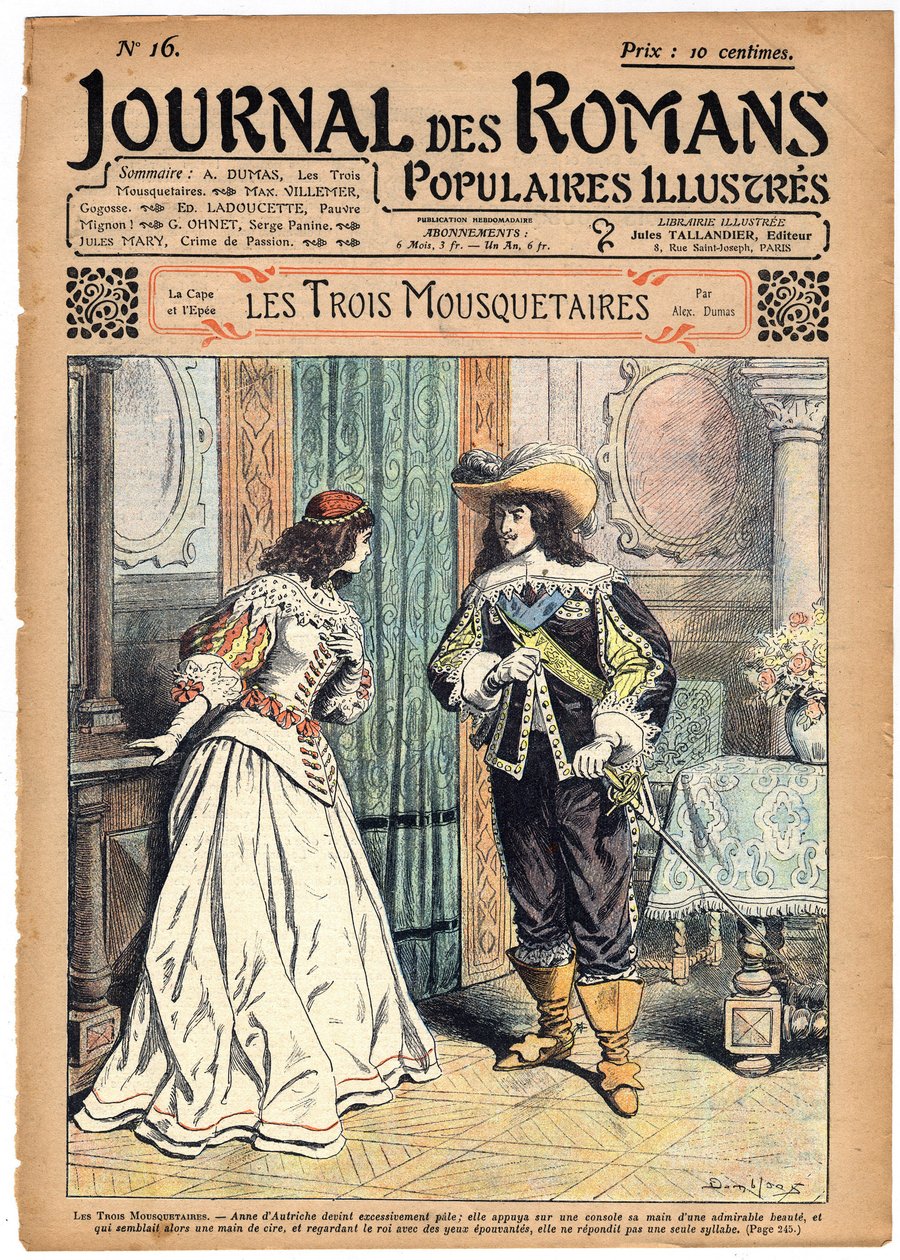 Romersk följetong: "De tre musketörerna" av Alexandre Dumas (1802-1870). Kung Ludvig XIII (1601-1643) meddelar för drottning Anne av Österrike (1601-1666) att hon kommer att behöva bära diamantnubbarna för balen som anordnas i stadshuset. I "" Le Journal d av Felix Philippoteaux