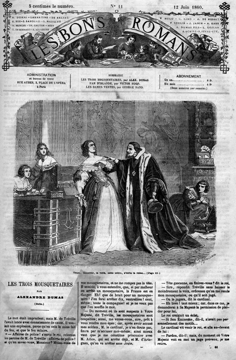 Romersk följetong: "De tre musketörerna" av Alexandre Dumas (1802-1870). Misstänkt för otrohet av sin man, Ludvig XIII, måste drottning Anne av Österrike (1601-1666) överlämna ett brev till kanslern som hon påstås ha skrivit till hertigen av Buckingham, he av Felix Philippoteaux