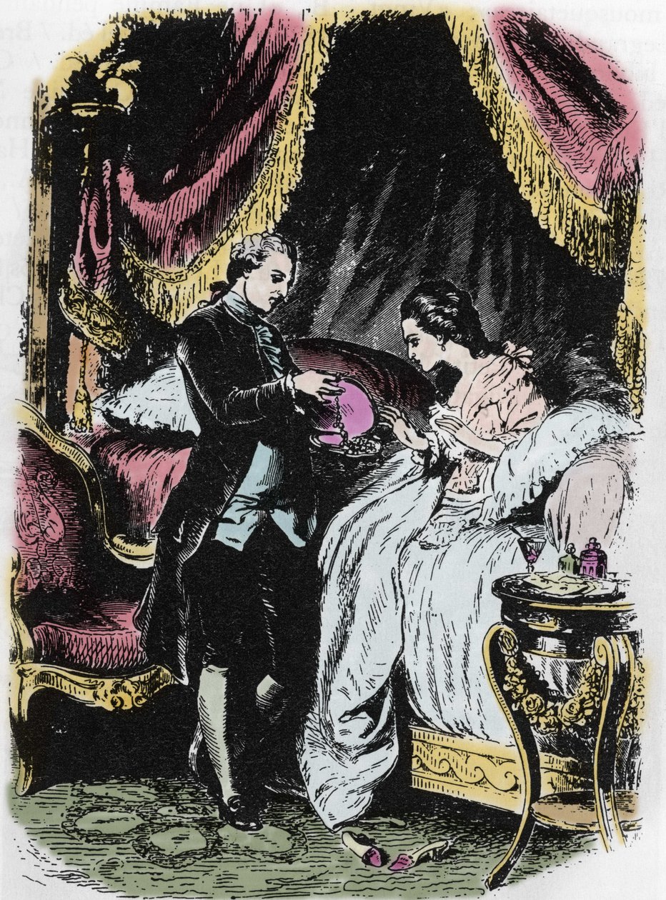Drottningens sprit inspirerar halsbandsfodralet. Teckning av Felix Philippoteaux (1815-1884) till Alexandre Dumas "Drottningens halsband". av Felix Philippoteaux