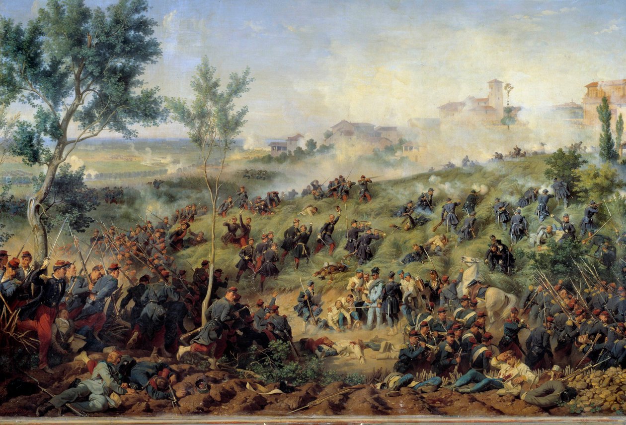 Utsikt över slaget vid Montebello di Casteggio, 1859-05-20 Frankrike vinner den österrikiska armén. Målning av Henri-Felix-Emmanuel Philippoteaux (1815-1884) 1862. Dim. 1x1,5 m. Paris, Musee de l
