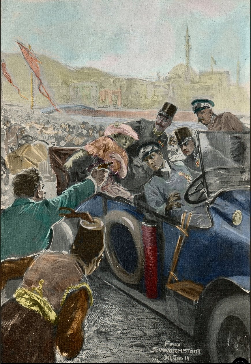 Mordet på Franz Ferdinand (1863-1914) ärkehertig av Österrike och hans fru Sophie i Sarajevo (gravyr) av Felix Schwormstadt