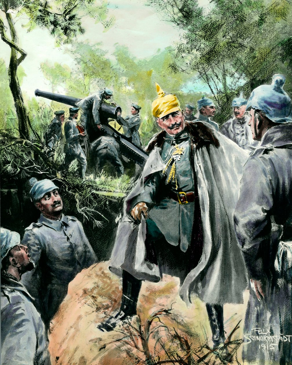Första världskriget: "" Porträtt av kejsar Vilhelm II (1859-1941) på besök på en artilleripost"" Tryck av Felix Schwormstadt (1870-?) 1915 Privat samling av Felix Schwormstadt