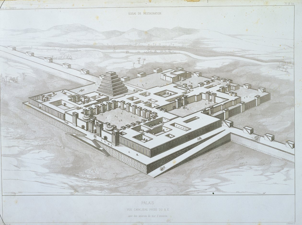 Khorsabad-palatset, historisk utsikt från sydost med en del av de befästa murarna, illustration från 