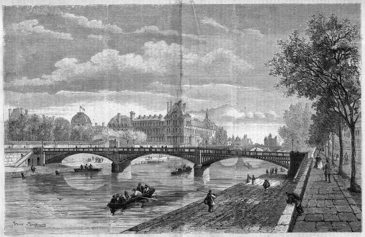 Arkitektur: utsikt över bron av Solferino i Paris. Byggd av ingenjören Paul Martin Gallocher de Lagalisserie (1805-1871) och invigdes 1861, demolerades den 1960 och ersattes av Senghorbron (Solferinobron). Gravyr av Felix Thorigny i av Felix Thorigny