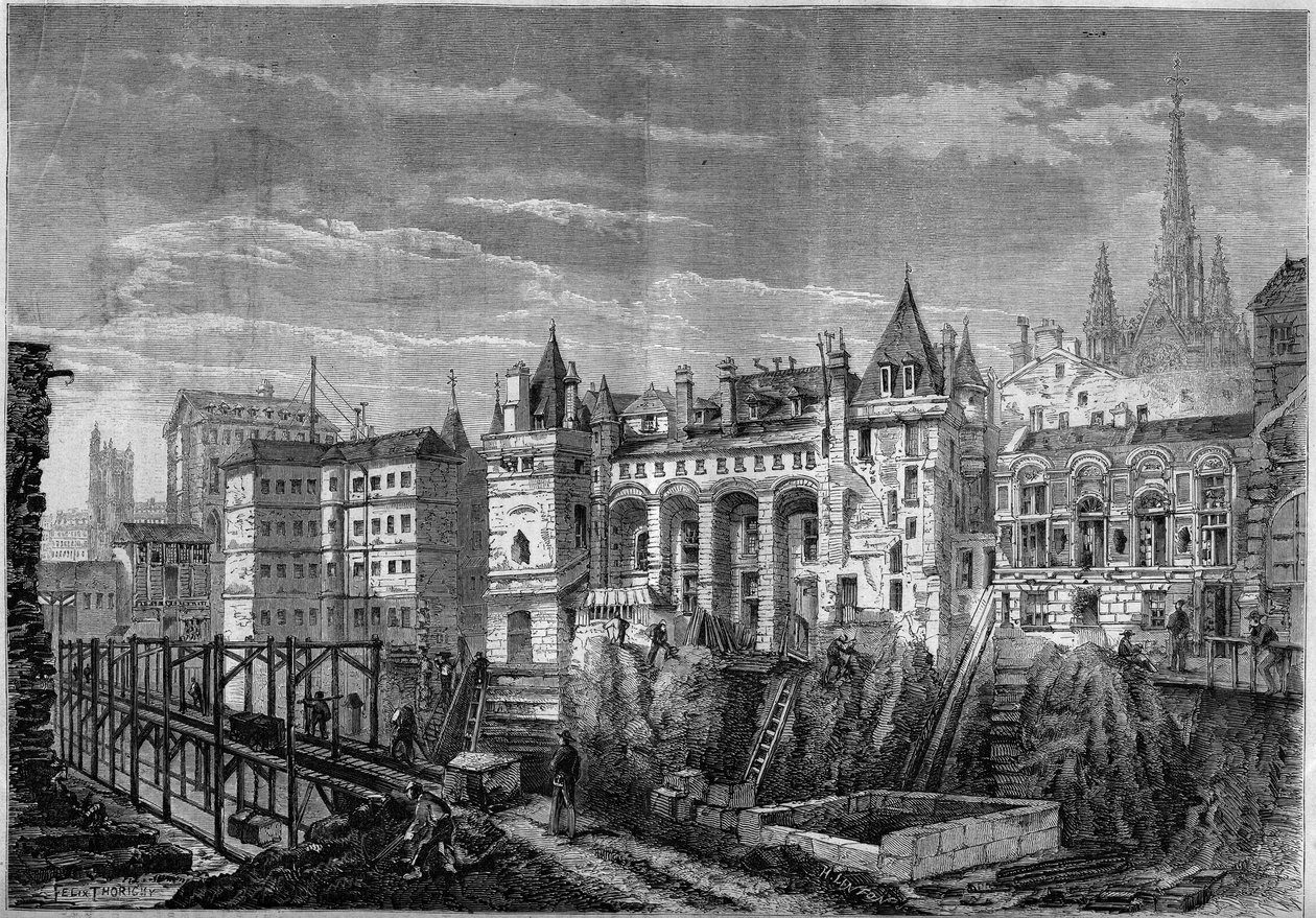 Arkitektur: utsikt över den västra fasaden av det tidigare slottet för kungarna av Frankrike på Ile de la Cite, i Paris av Felix Thorigny