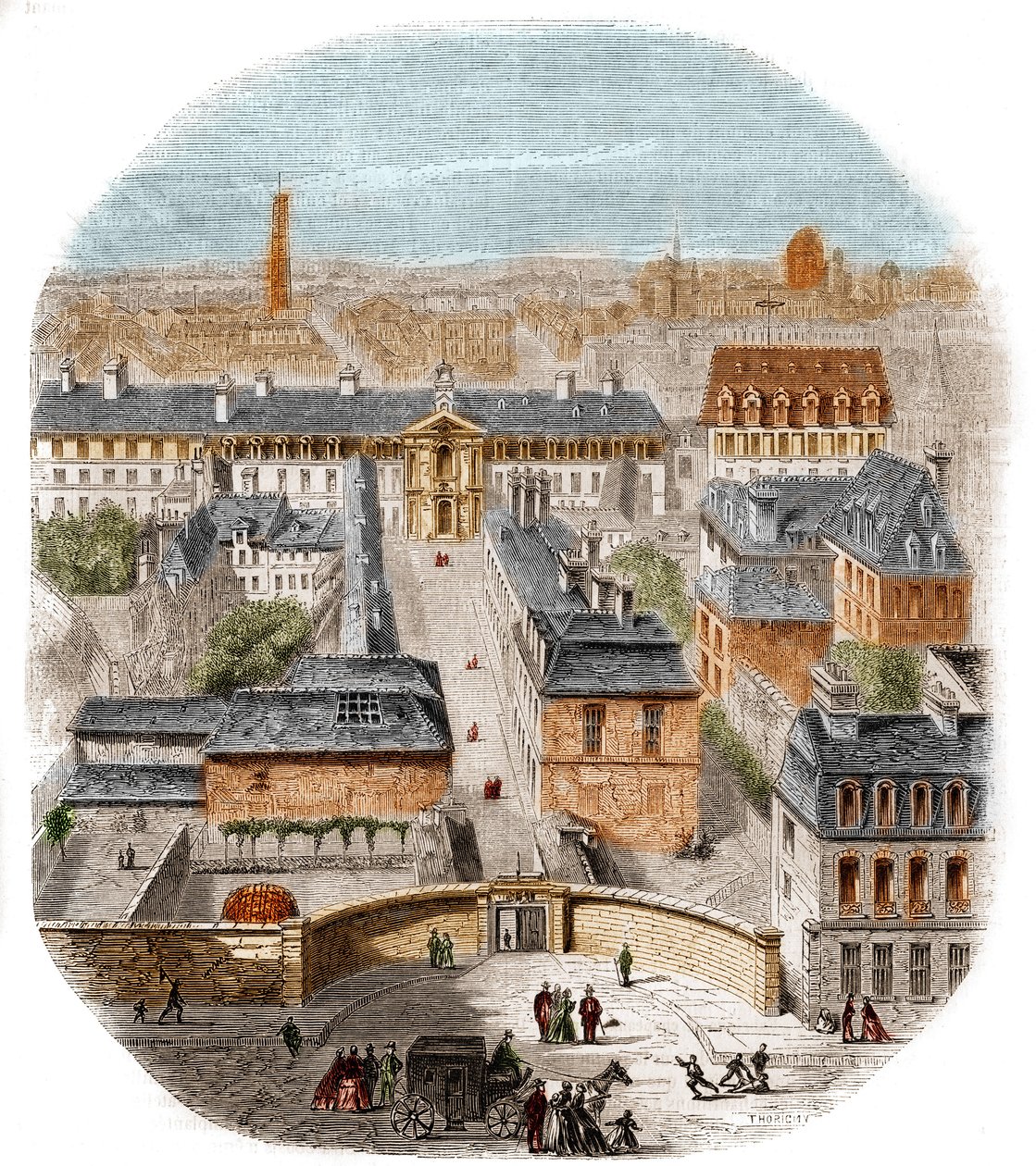 Utsikt över Gobelins gobelängfabrik i Paris, med kapucinerklostret, observatoriet och drottning Blanches slott. Gravyr av Thorigny av Felix Thorigny