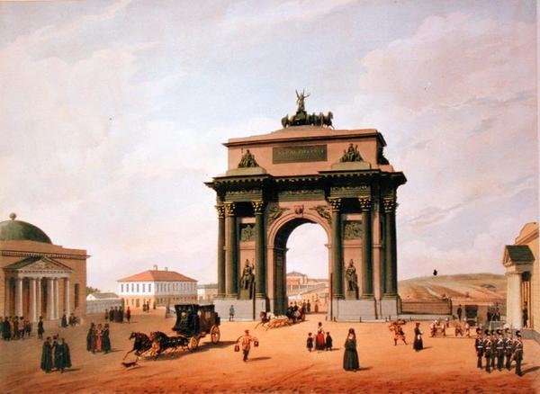 Triumfbågen på Tverskaya-torget i Moskva, tryckt av Lemercier, Paris, 1840-talet av Felix after Benoist