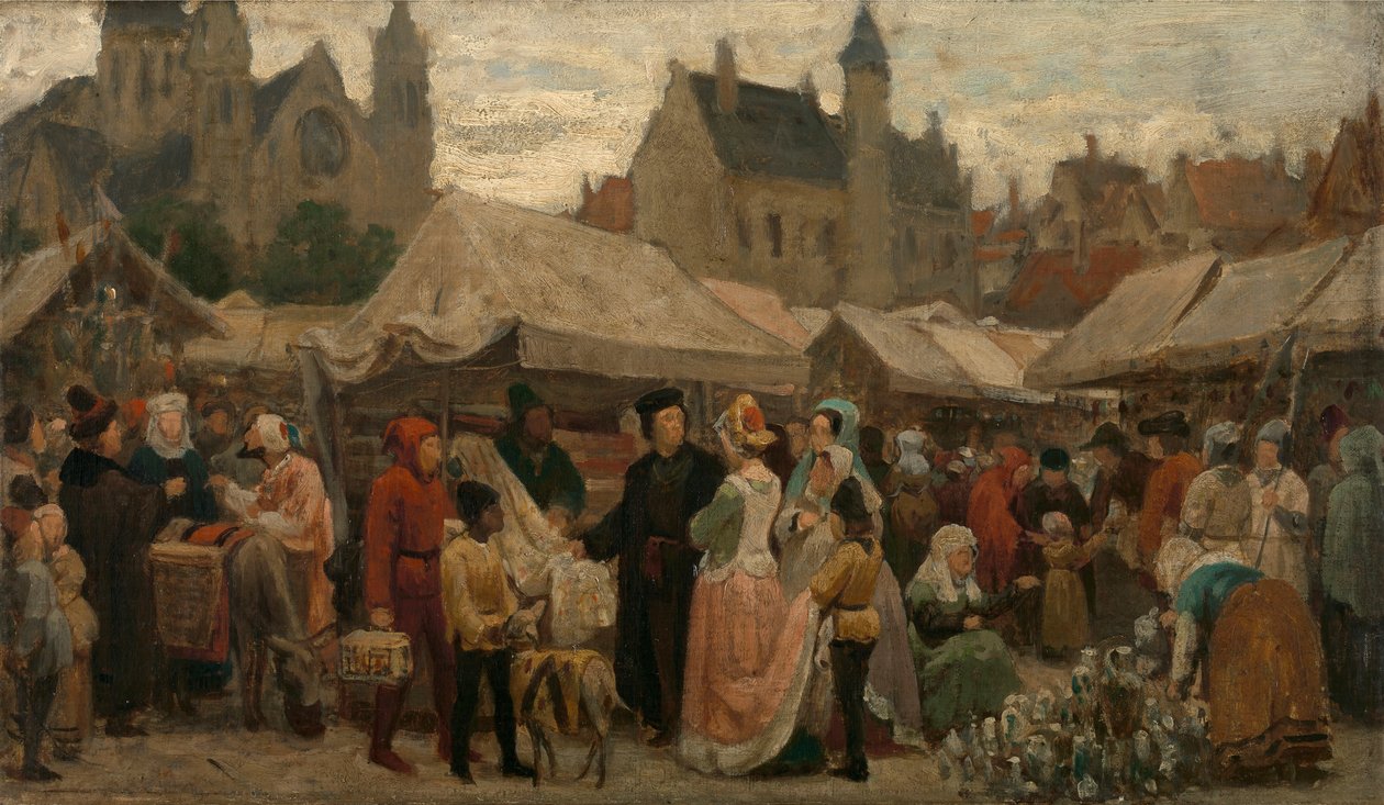 En marknad i Gent under medeltiden, studie, ca 1862 (olja på duk) av Felix de Vigne