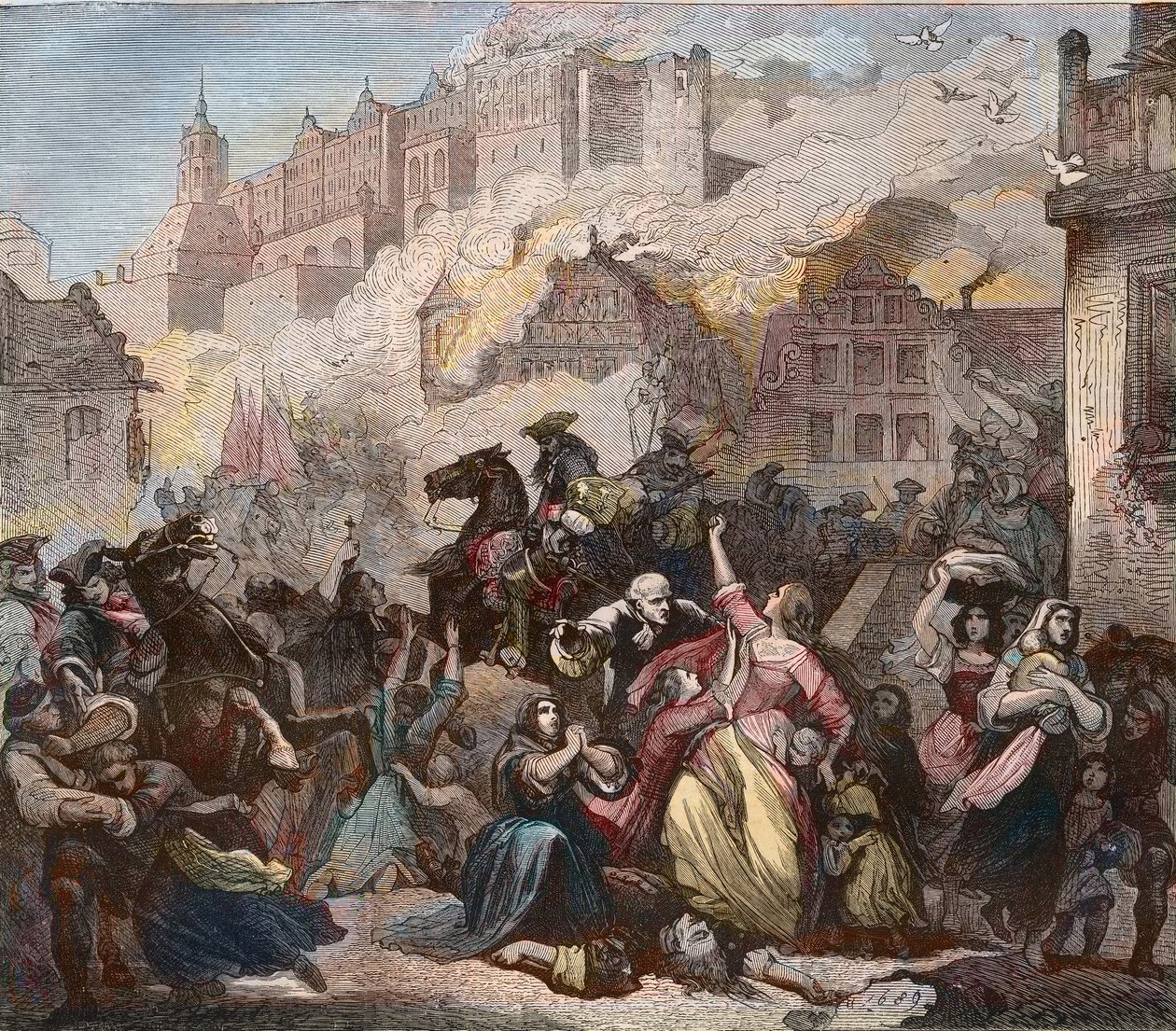 Förstörelse av Heidelberg av fransmännen under general Ezechiel Melac, 2 mars 1689 - Heidelbergs slottsbrand - 1689 - Nioåriga krig - Stora alliansens krig - Augsburförbundets krig - "Branden i Heidelbergs slott bombad av franska styrkor av G av Feodor (after) Dietz