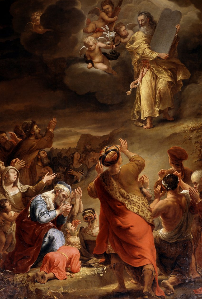 Moses stiger ner från berget Sinai med de tio budorden av Ferdinand Bol