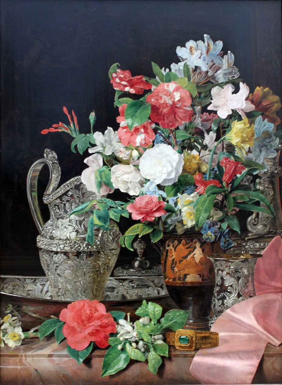 Bukett blommor med silverkärl och antik vas av Ferdinand Georg Waldmuller
