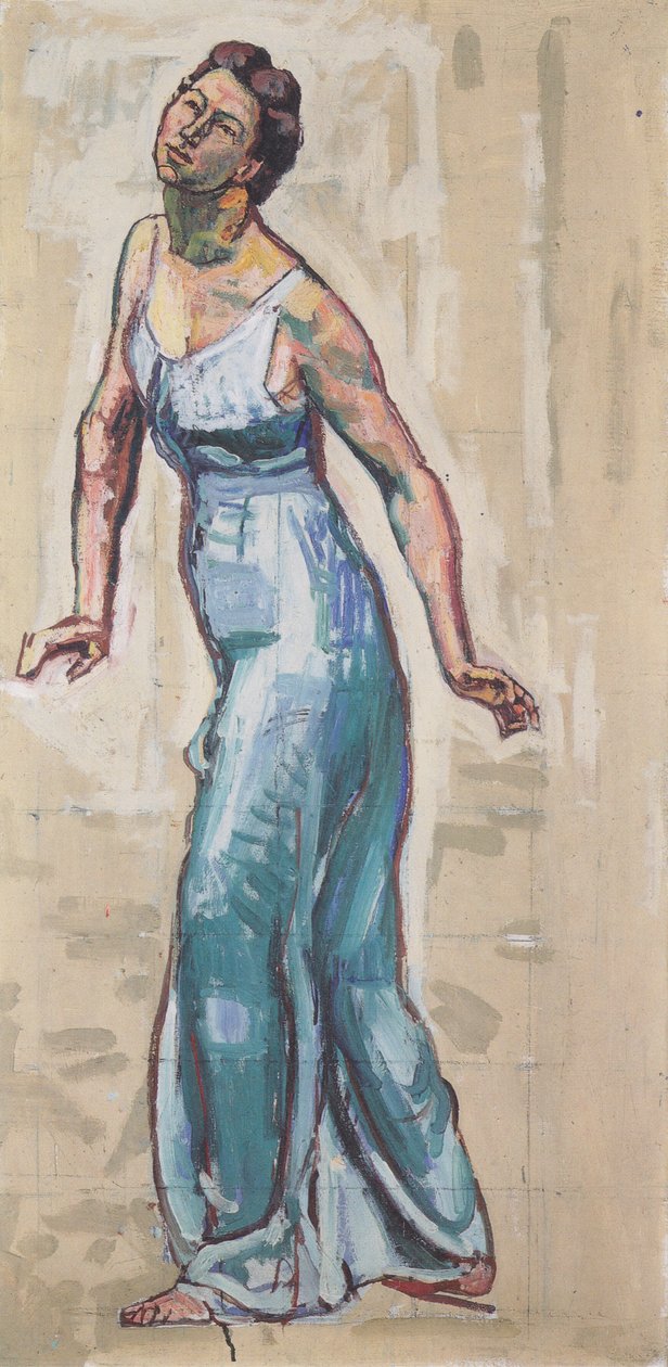 Framstående kvinnofigur i blå kläder av Ferdinand Hodler