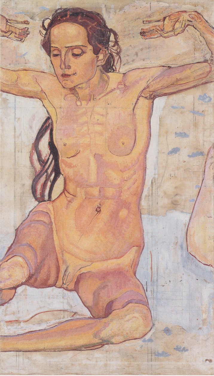 Sitter kvinnlig naken med armarna upphöjda av Ferdinand Hodler