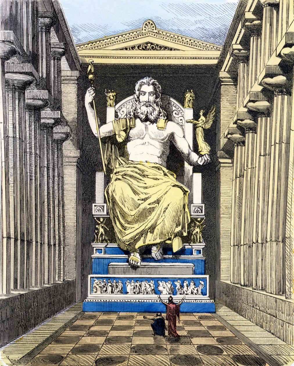 Staty av Olympian Zeus av Pheidias, från en serie av "Den antika världens sju underverk" publicerad i "Muenchener Bilderbogen", 1886 (färggravyr) av Ferdinand Knab