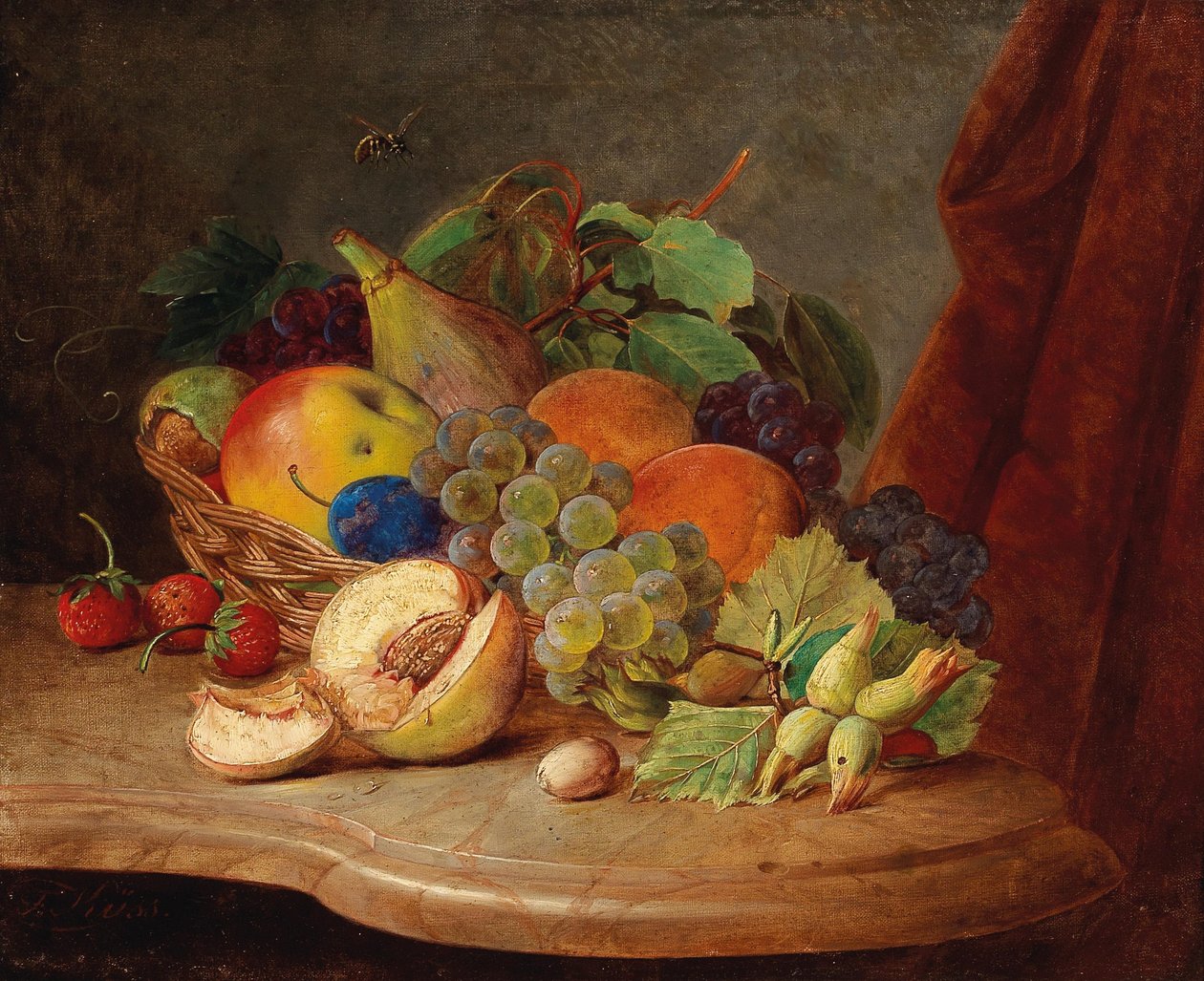 Still Life with Basket of Fruit and Bee av Ferdinand Kuss
