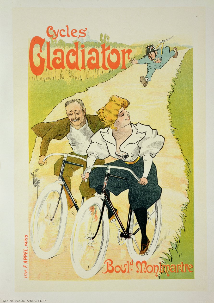 Reproduktion av en affisch med reklam för "Gladiator Cycles", Boulevard Montmartre, Paris, 1895. av Ferdinand Misti Mifliez