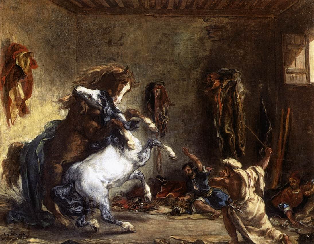 Arab Horses Fighting in a Stable av Ferdinand Victor Eugene Delacroix