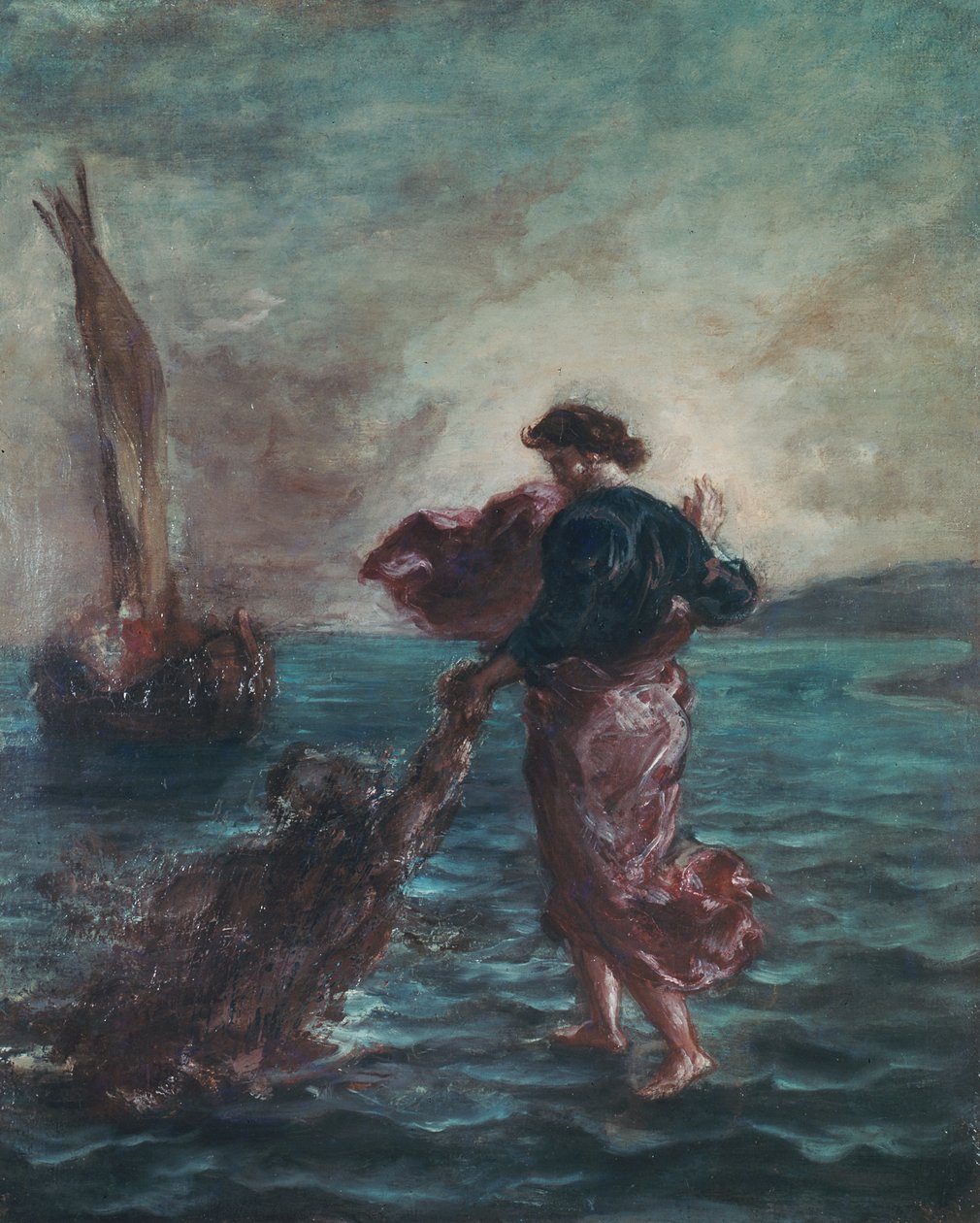 Kristus går på vattnet och sträcker ut sin hand för att rädda Sankt Peter av Ferdinand Victor Eugene Delacroix