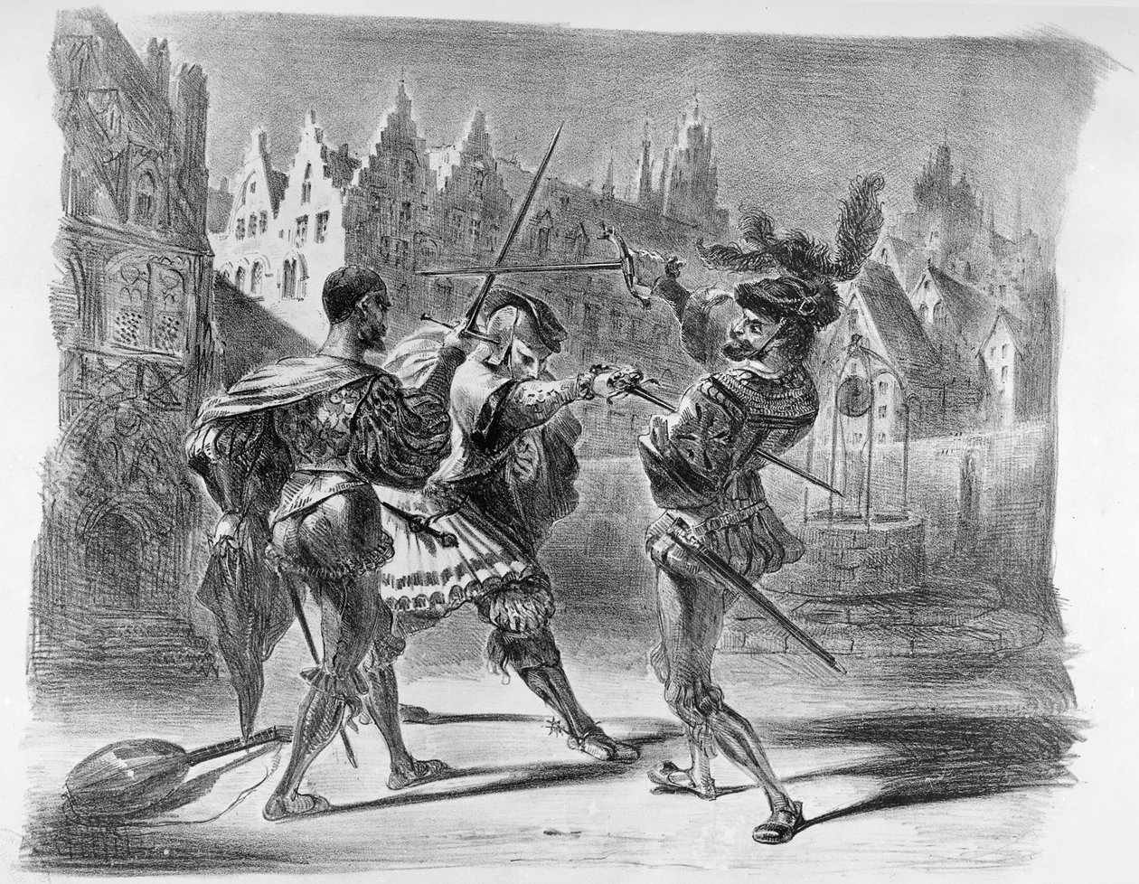 Duell mellan Faust och Valentine, från Goethes Faust, efter 1828, (illustration), (bw foto av litografi) av Ferdinand Victor Eugene Delacroix