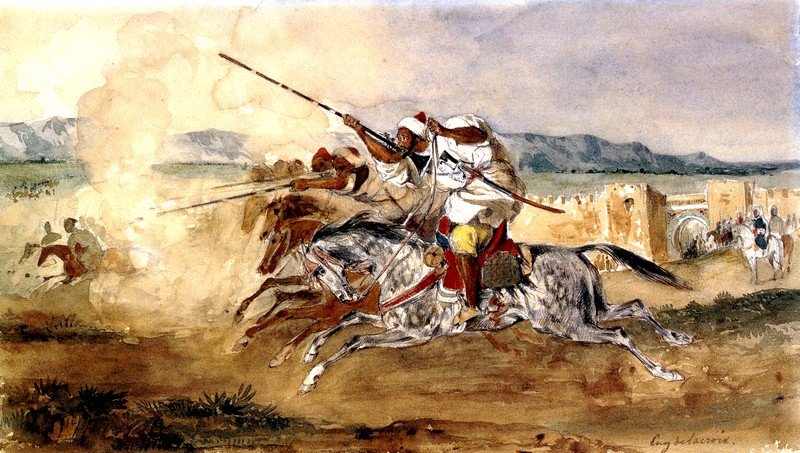 Fantasia ou Jeu de la poudre, devant la porte dentrée de la ville de Méquinez av Ferdinand Victor Eugene Delacroix