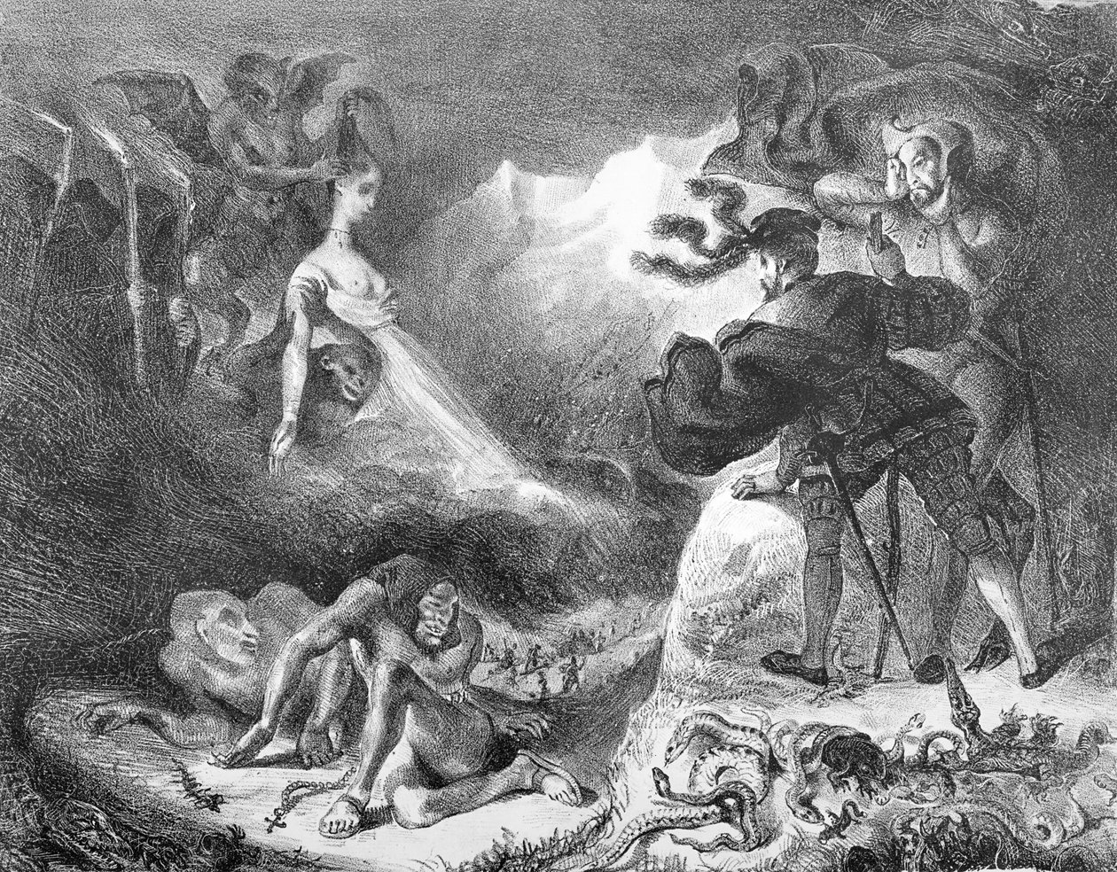Faust och Mefistofeles vid häxans sabbat, från Goethes Faust, 1828, (illustration), (bw foto av litografi) av Ferdinand Victor Eugene Delacroix