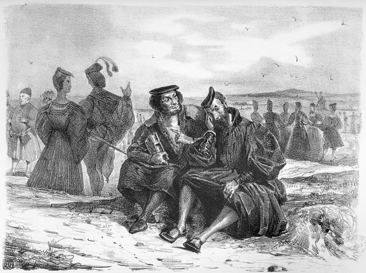 Faust og Wagner i samtale, Illustration til Faust af Goethe (bw foto af litografi) (se også 59929)swed. av Ferdinand Victor Eugene Delacroix