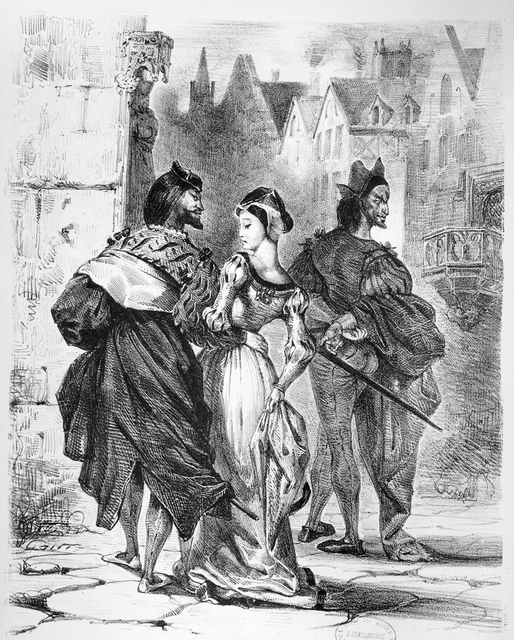 Faust möter Marguerite, från Goethes Faust, efter 1828, (illustration), (bw foto av litografi) av Ferdinand Victor Eugene Delacroix
