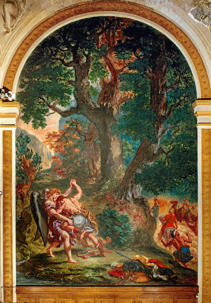 Strid mellan Jakob och ängeln, 1850-61 (olja och vax på gips) (se detalj 252678) av Ferdinand Victor Eugene Delacroix